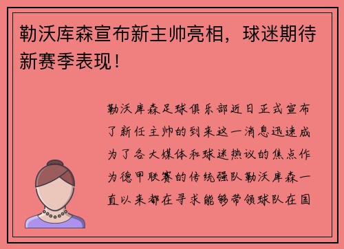 勒沃库森宣布新主帅亮相，球迷期待新赛季表现！